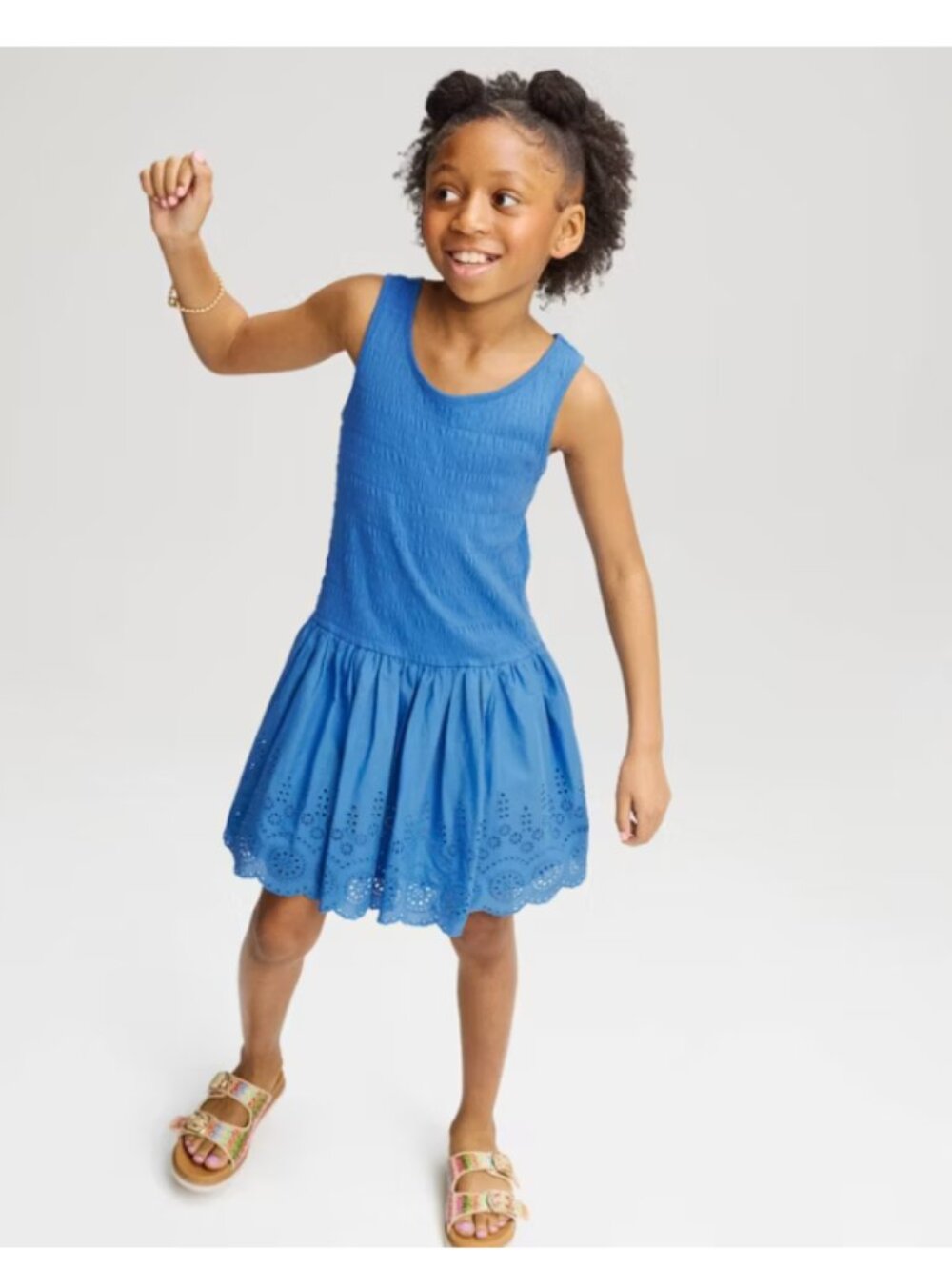 Cat & Jack Girls' Drop Waist Eyelet Bubble Hem Dress in Cream & Blue 2 dresses
